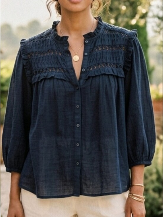 Calypso St. Barth Tops - Calypso St. Barth Black Crochet Yoke Button-Down Cotton Top Sz XL